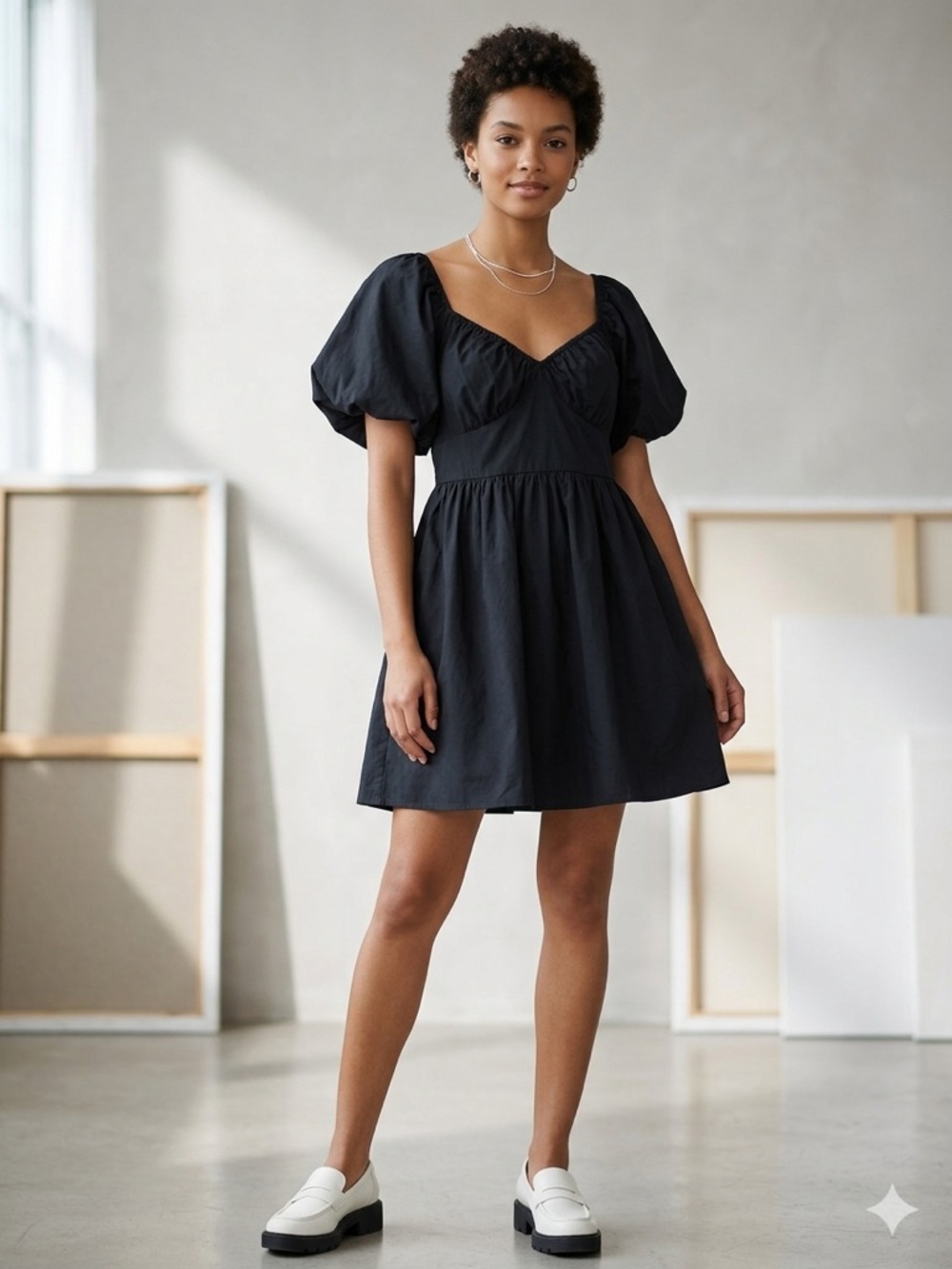 a new day Black Puff-Sleeve Sweetheart Mini Dress